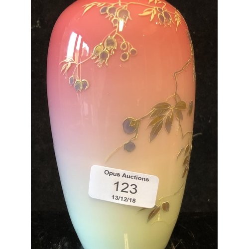 122 - A Bohemian peach blow overlay glass baluster vase, graduated deep pink over white, gilded with flowe... 