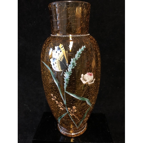 126 - A Continental amber crackle glass vase, baluster form, enamelled in polychrome colours with a rose, ... 