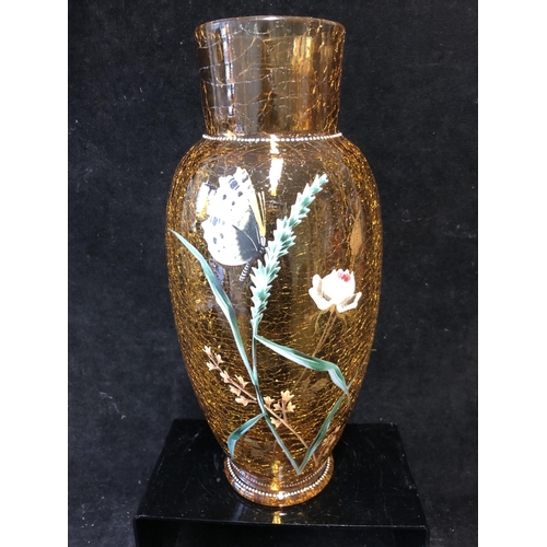 126 - A Continental amber crackle glass vase, baluster form, enamelled in polychrome colours with a rose, ... 