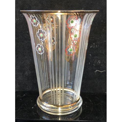 131 - A French Art Deco vase, of colourless glass enamelled, etched and gilded with stripes intersperced w... 