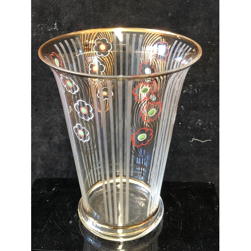 131 - A French Art Deco vase, of colourless glass enamelled, etched and gilded with stripes intersperced w... 