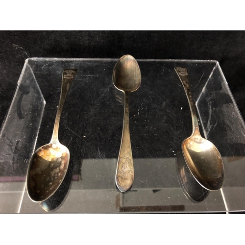 2 - Four silver golf trophy spoons, the handles formed as a pair of golf clubs with single ball finial, ... 