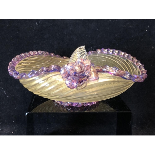 64 - A Murano heart form glass bowl, the body of gilt fleck swirled fluting, the rim trailed in amethyst/... 