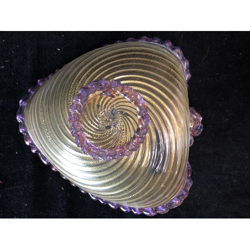 64 - A Murano heart form glass bowl, the body of gilt fleck swirled fluting, the rim trailed in amethyst/... 