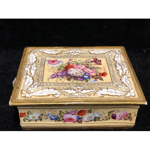 65 - An English porcelain desk box and cover, probably Coalport, well painted with summer flowers on a pe... 