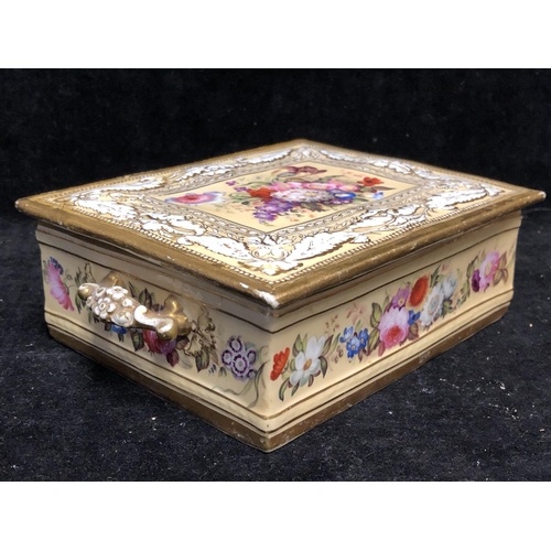 65 - An English porcelain desk box and cover, probably Coalport, well painted with summer flowers on a pe... 