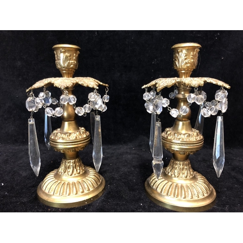 68 - A Pair of brass candlestick lustres, glass drops, 20cm high (2)