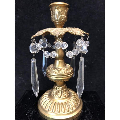 68 - A Pair of brass candlestick lustres, glass drops, 20cm high (2)