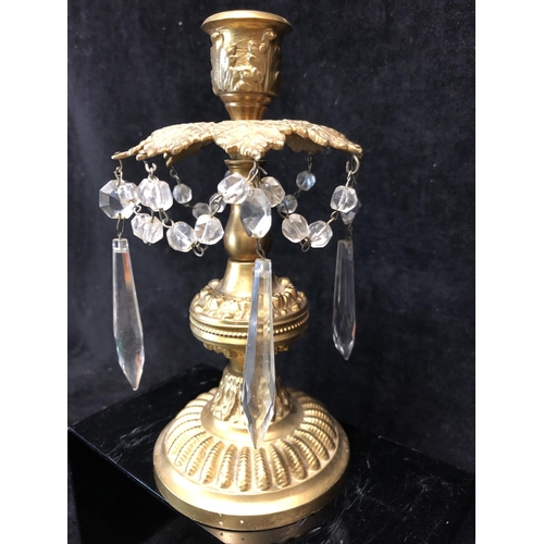 68 - A Pair of brass candlestick lustres, glass drops, 20cm high (2)