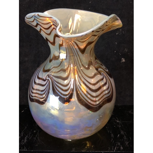 69 - Richard P Golding for Okra Glass - a gold ground money purse form vase, feathered in chocolate brown... 