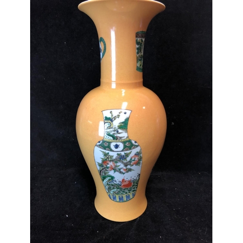 75 - A Chinese porcelain baluster vase, decorated with vases and teapots in famille verte pallete on an I... 