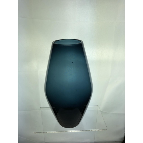 76 - Geoffrey Baxter for Whitefriars glass, A Midnight Blue soda glass barrel vase, No 9596, 23.5cm high