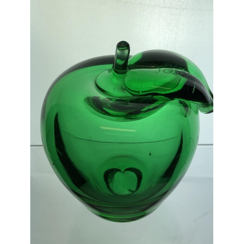 77 - Josef - A hollow blown green glass apple form paperweight, with stalk and leaf, the leaf engraved Jo... 