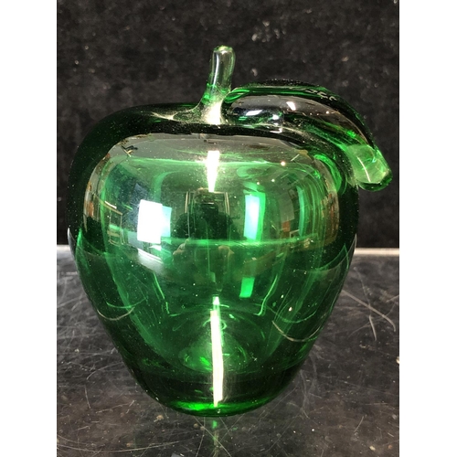 77 - Josef - A hollow blown green glass apple form paperweight, with stalk and leaf, the leaf engraved Jo... 