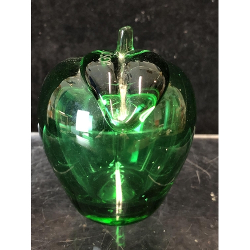 77 - Josef - A hollow blown green glass apple form paperweight, with stalk and leaf, the leaf engraved Jo... 