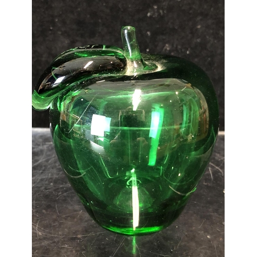 77 - Josef - A hollow blown green glass apple form paperweight, with stalk and leaf, the leaf engraved Jo... 