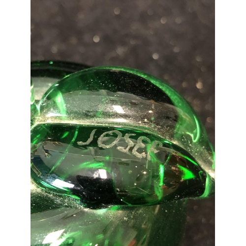 77 - Josef - A hollow blown green glass apple form paperweight, with stalk and leaf, the leaf engraved Jo... 