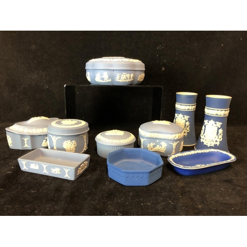 89 - A group of Wedgwood Jasper boxes and covers; a pair of Adams Blue dip jasper spill vases, each sprig... 