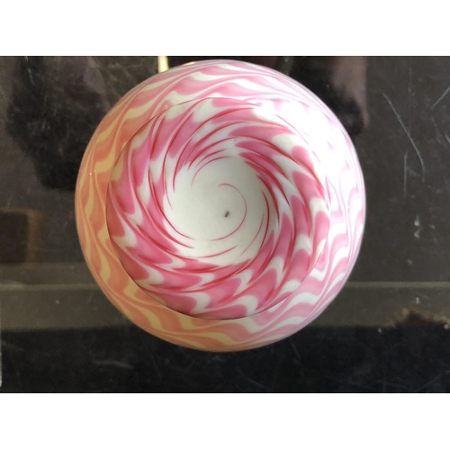 247 - An Osiris style glass vase, of bubble gum pink and cream colors, the quatrefoil crimped rim on ovoid... 