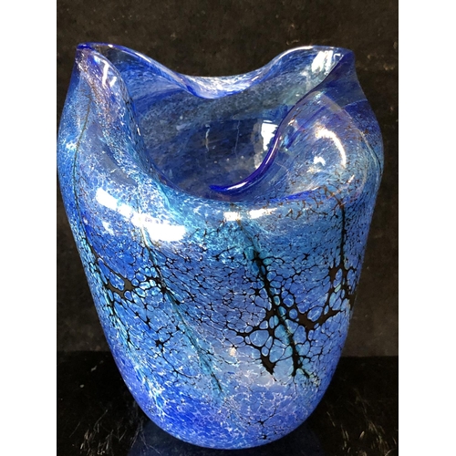 248 - Peter Layton - a folded cylindrical vase, of blue and black bubble effect, signed to side, 16cm high