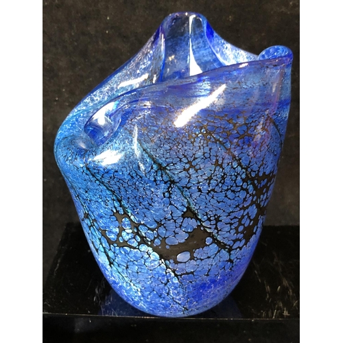 248 - Peter Layton - a folded cylindrical vase, of blue and black bubble effect, signed to side, 16cm high