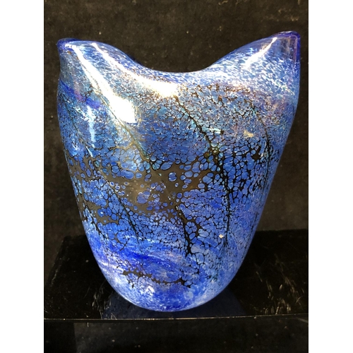 248 - Peter Layton - a folded cylindrical vase, of blue and black bubble effect, signed to side, 16cm high