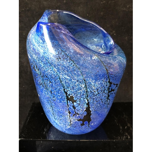 248 - Peter Layton - a folded cylindrical vase, of blue and black bubble effect, signed to side, 16cm high