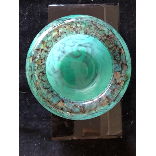 256 - A Monart glass vase, of ovoid form with everted rim, the jade green ground coloured with black and g... 