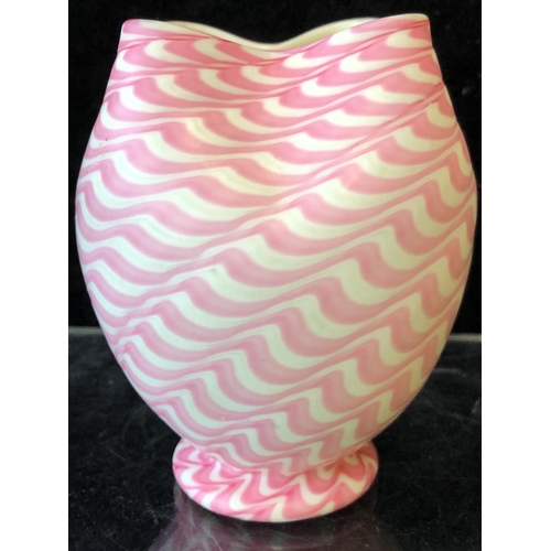 247 - An Osiris style glass vase, of bubble gum pink and cream colors, the quatrefoil crimped rim on ovoid... 