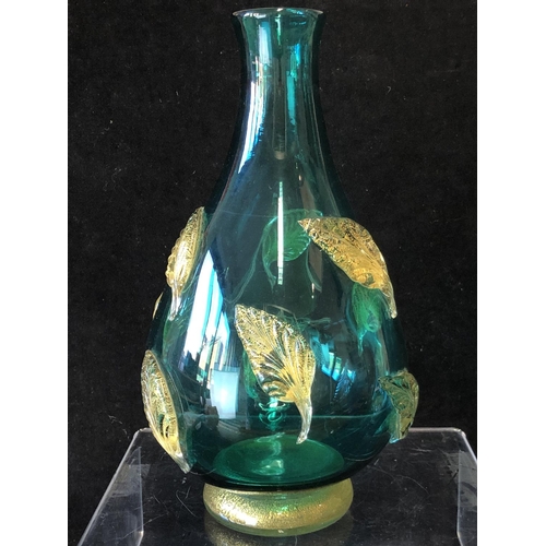 250 - A Barovier glass bottle vase, of sea green body applied with gold flecked leaf motifs on a circular ... 