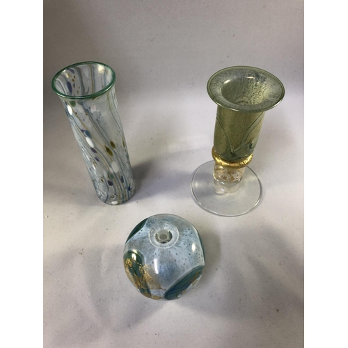 21 - Isle of Wight Glass - A candlestick; a miniature globe vase with original label; and a cylinder vase... 