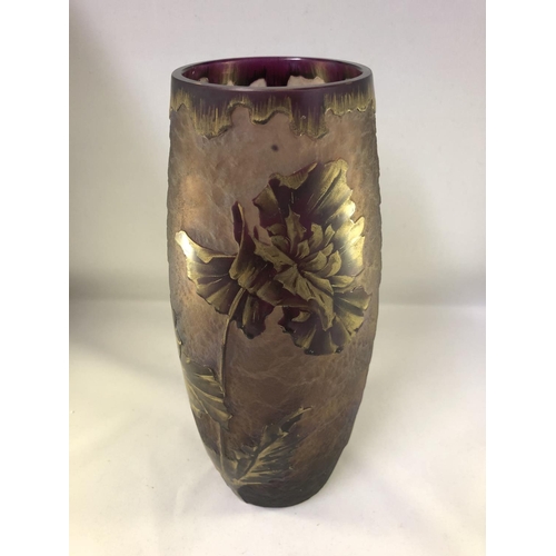 77 - Legras, Mont Joye - a cameo glass vase of amethyst colouration the cameo layer cut with a full blown... 