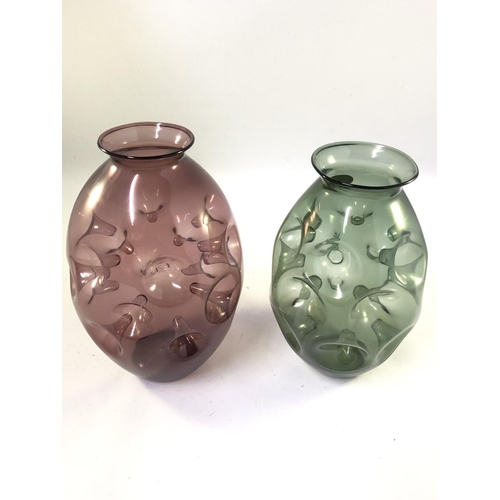 16 - Albin Schaedel for Lauscha Glass - Two Grenade vases, the ovoid bodies of willow green; and amethyst... 