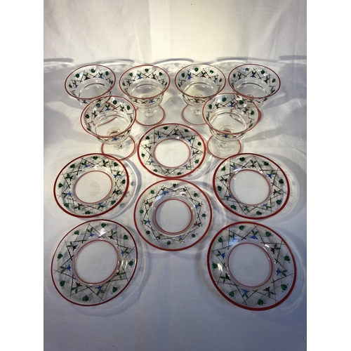 58 - Continental Glass - Six Art Deco enamelled dessert bowls and stands, each painted with a trellis and... 