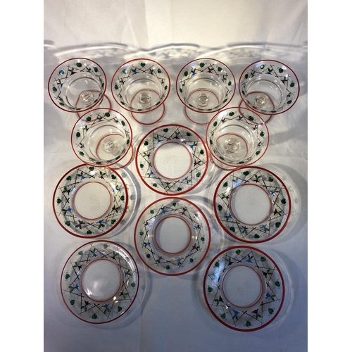 58 - Continental Glass - Six Art Deco enamelled dessert bowls and stands, each painted with a trellis and... 