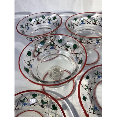 58 - Continental Glass - Six Art Deco enamelled dessert bowls and stands, each painted with a trellis and... 