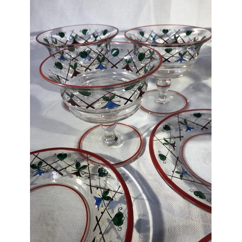 58 - Continental Glass - Six Art Deco enamelled dessert bowls and stands, each painted with a trellis and... 