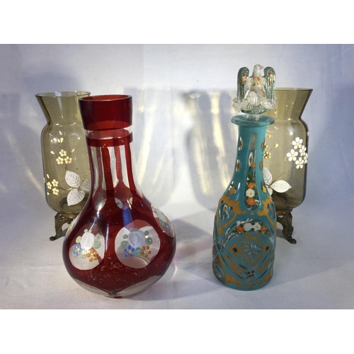 90 - Ottoman Market - A small Bohemian overlay glass decanter and stopper, the turquoise overylat cut thr... 