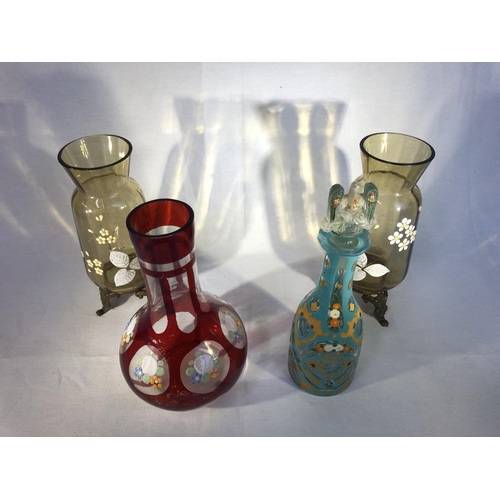 90 - Ottoman Market - A small Bohemian overlay glass decanter and stopper, the turquoise overylat cut thr... 