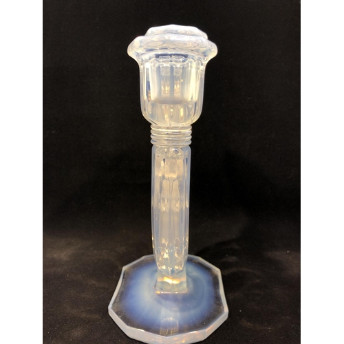 36 - Barolac - an Art Deco three light opalescent glass candelabrum, the trident form branches octagonal ... 