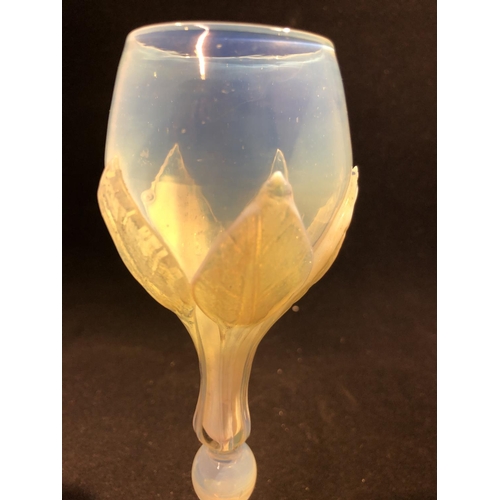 53 - Salviati - an elegant opaline wine glass, the tulip form bowl applied with five veined leaves over a... 