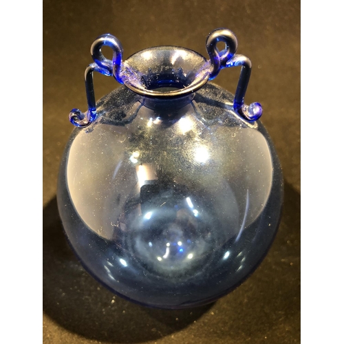 40 - Vittorio Zecchin for Venini Glass - a blue globular glass vase with applied loop twist handles to ne... 