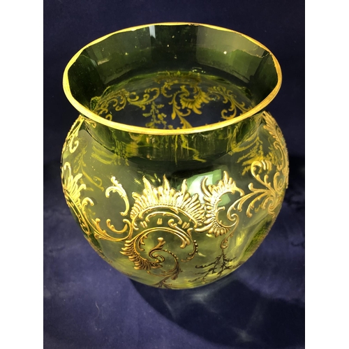 116 - Moser - a graduated green to colourless glass vase, decorated with tooled gilding band of 'c' scroll... 