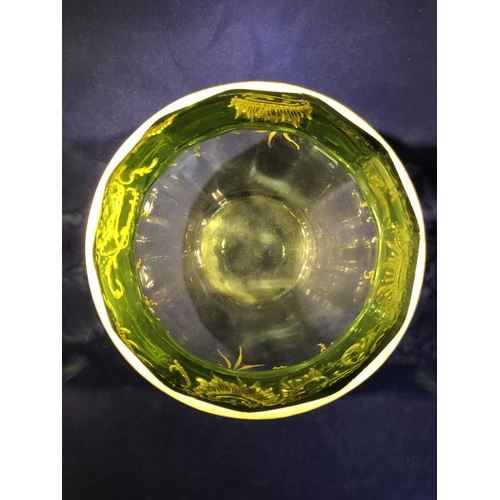 116 - Moser - a graduated green to colourless glass vase, decorated with tooled gilding band of 'c' scroll... 