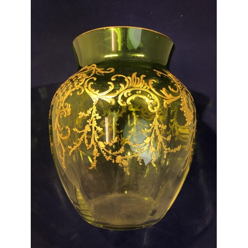 116 - Moser - a graduated green to colourless glass vase, decorated with tooled gilding band of 'c' scroll... 