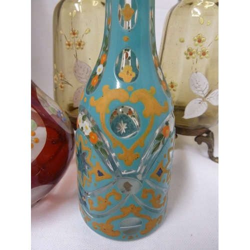 90 - Ottoman Market - A small Bohemian overlay glass decanter and stopper, the turquoise overylat cut thr... 