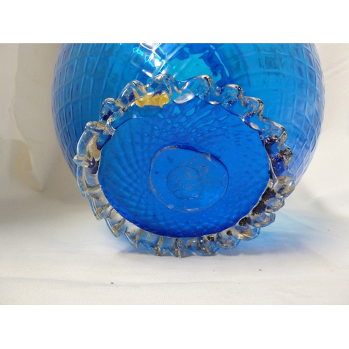 42 - Barovier - A bright blue ovoid two handled glass vase, the body mould blown with honeycomb design be... 