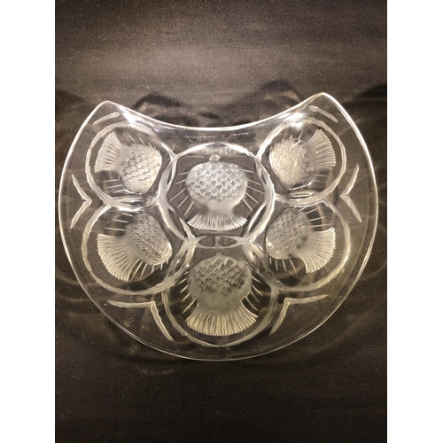 27 - Lalique - Chardon, a frosted and colourless glass crescent shape dish, decorated thistle designs, ha... 