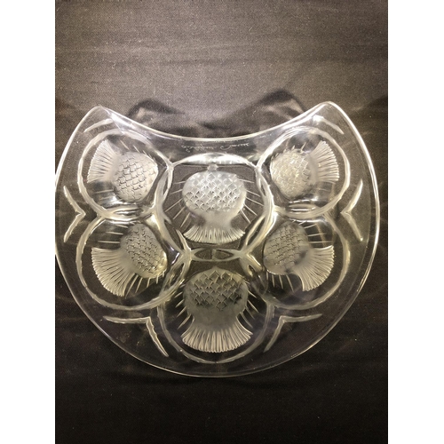 27 - Lalique - Chardon, a frosted and colourless glass crescent shape dish, decorated thistle designs, ha... 