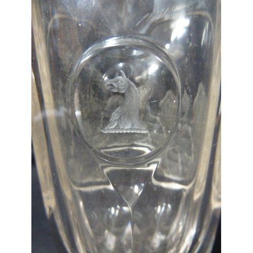 104 - Bohemian Glass - an engraved footed vase, decorated with two running horses within an oval reserve, ... 